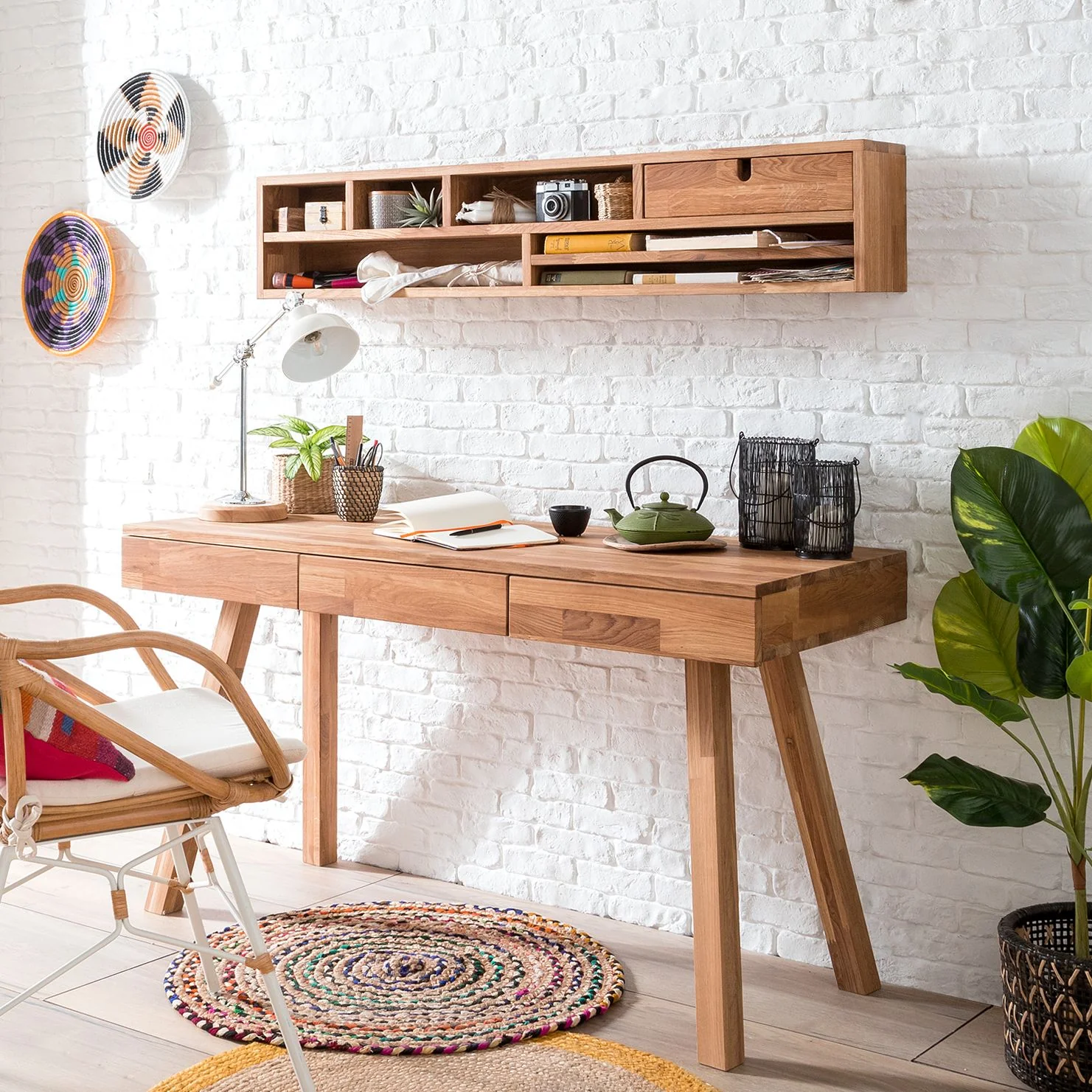 Mesa escritorio de madera maciza de roble Einstein 2 con estanteria flotante | NordicStory - Image 10